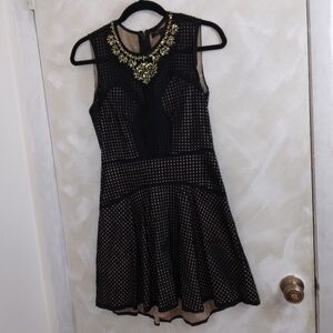 Size 2 BCBGMaxAzria Black and Nude Eyelet Dress Rhinestone Jeweled neckline